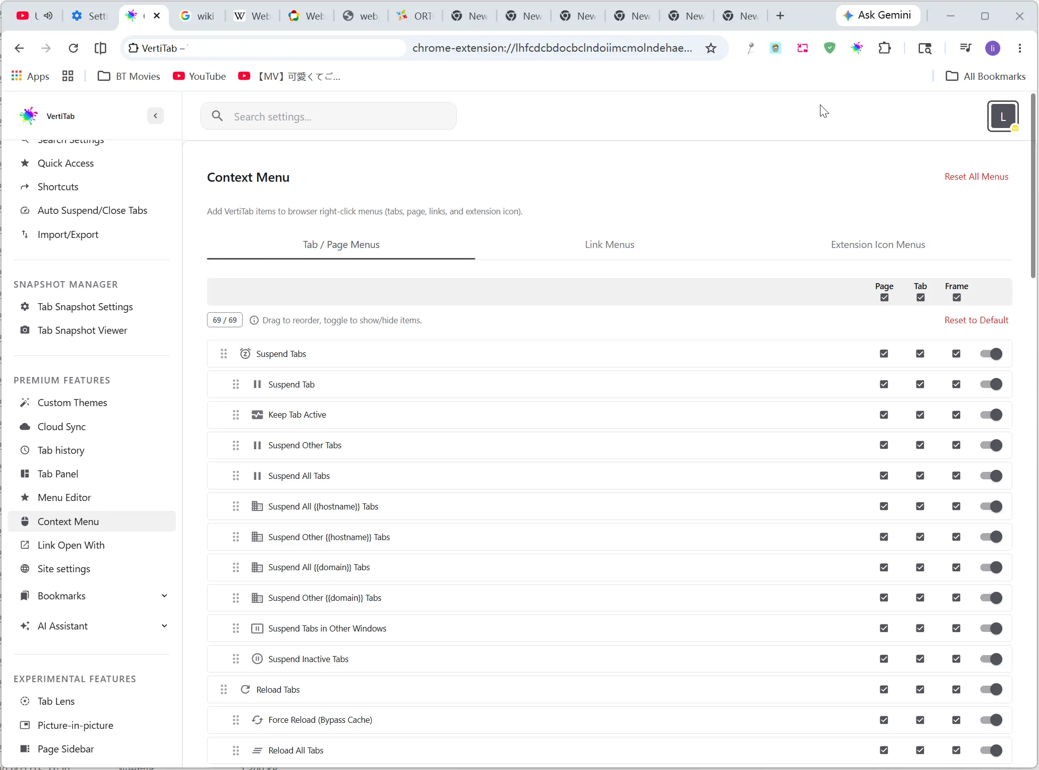 VertiTab-Rechtsklickmenü der Tab-Leiste mit Ruhemodus, Massen-Schließen, Domain-Verwaltung, KI-Gruppierung und weiteren Tab-Aktionen